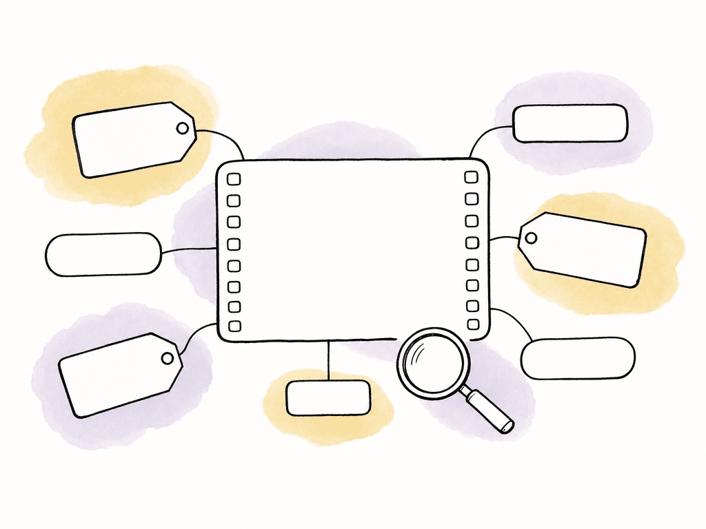 Doodle of a media clip card with blank tags and property fields attached, plus a magnifying glass indicating searchable metadata.