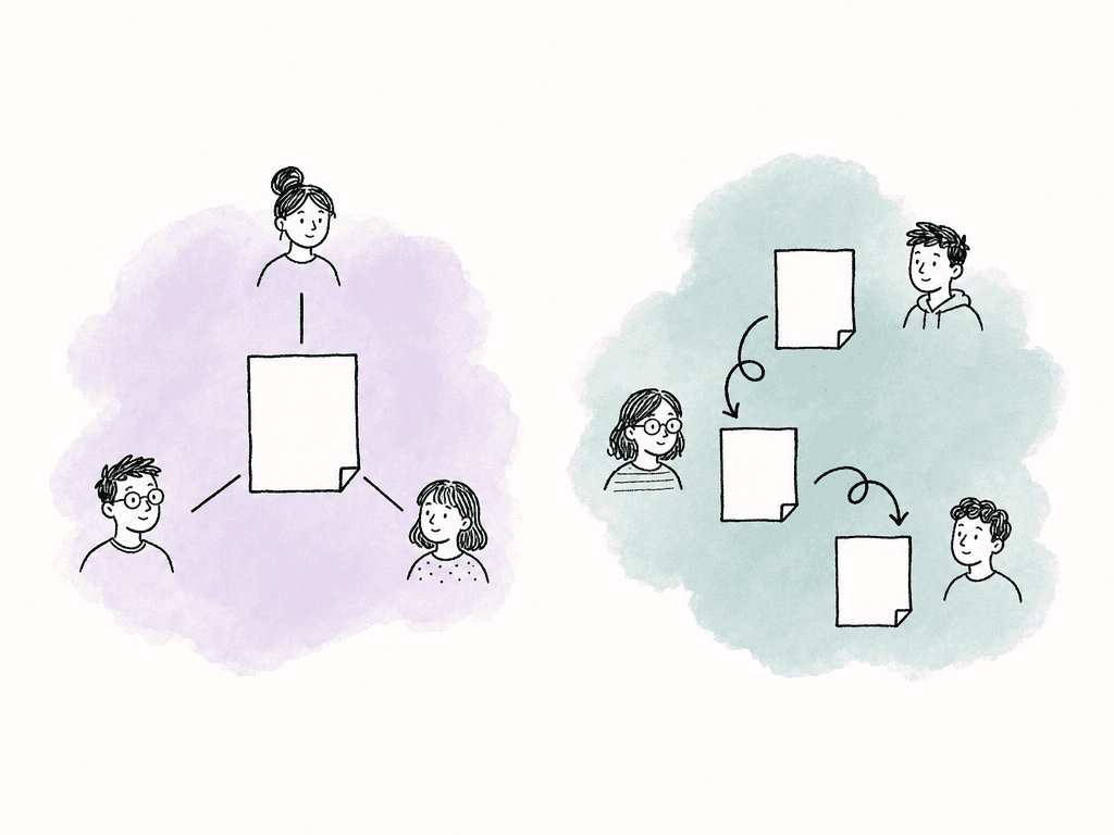 Handmade comparison doodle showing three editors connected to one shared timeline beside scattered duplicate project sheets with tangled handoff arrows.