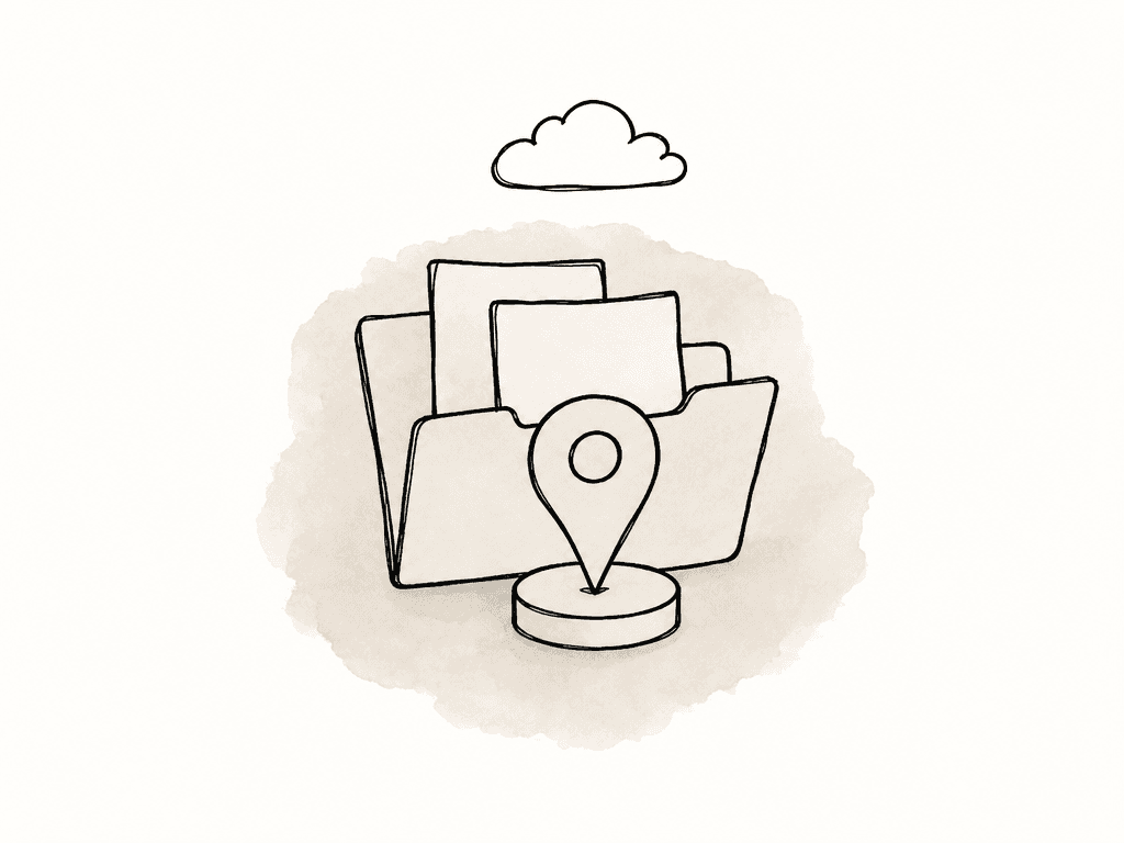 A pin holds a selected folder onto a local disk while a cloud sits apart in the background.