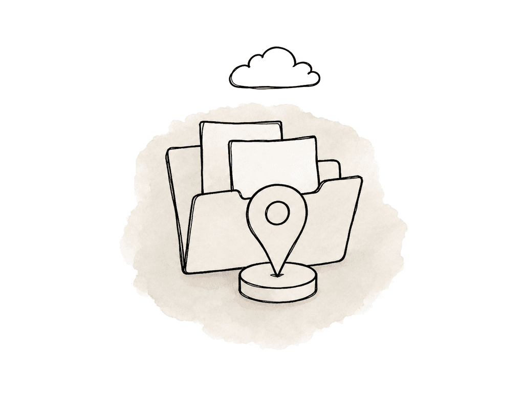 A pin holds a selected folder onto a local disk while a cloud sits apart in the background.