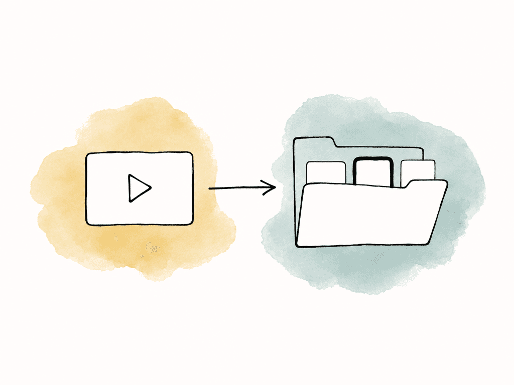 An arrow connects a media asset card to the matching file inside an open folder.