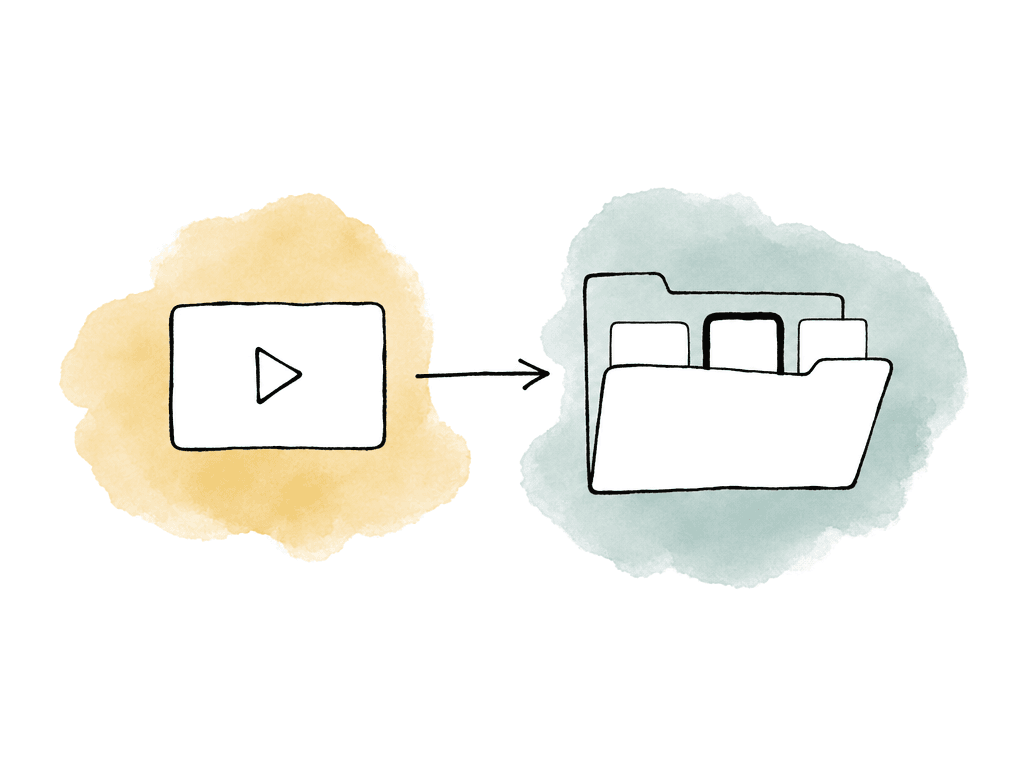 An arrow connects a media asset card to the matching file inside an open folder.