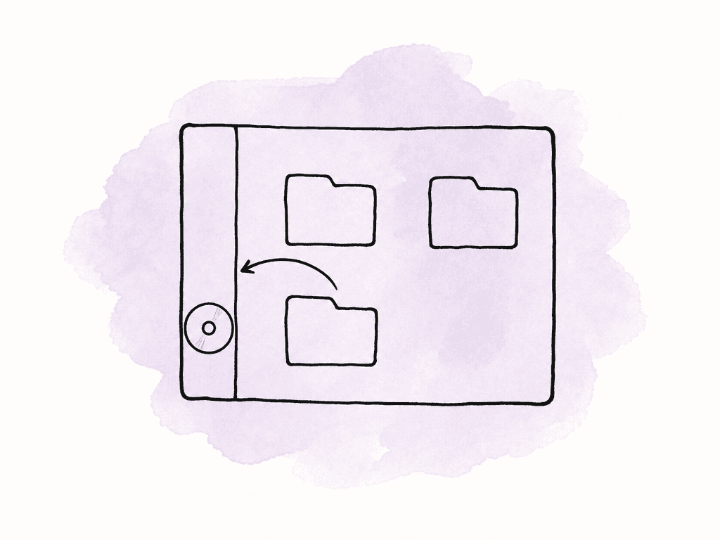 A mounted drive icon is moved into a sidebar shortcut area beside a folder view.