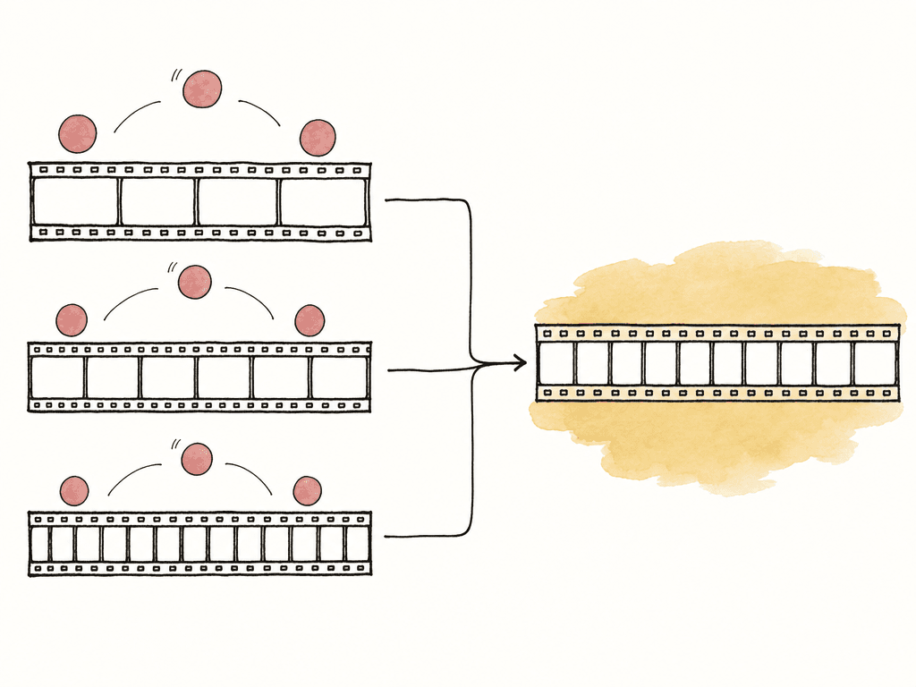 Hand drawn film strips with different frame spacing merge into one timeline, suggesting mixed frame rate complications.