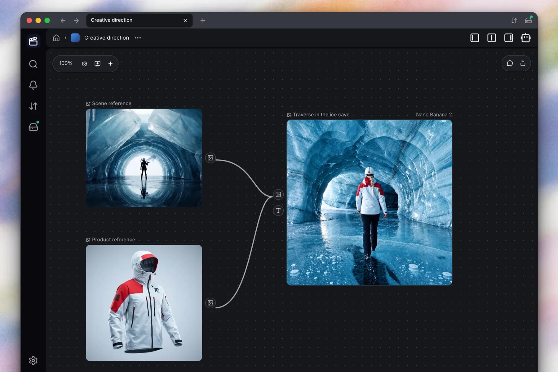 An Aspect canvas connects an ice-cave image and a Serac Traverse jacket product image to a combined image showing a climber wearing the jacket in an ice cave.