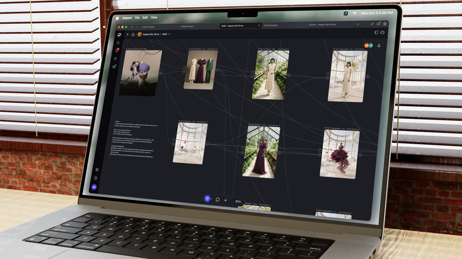 Aspect's collaborative canvas on a laptop, with connected fashion references, wardrobe options, and generated images of models in a greenhouse.