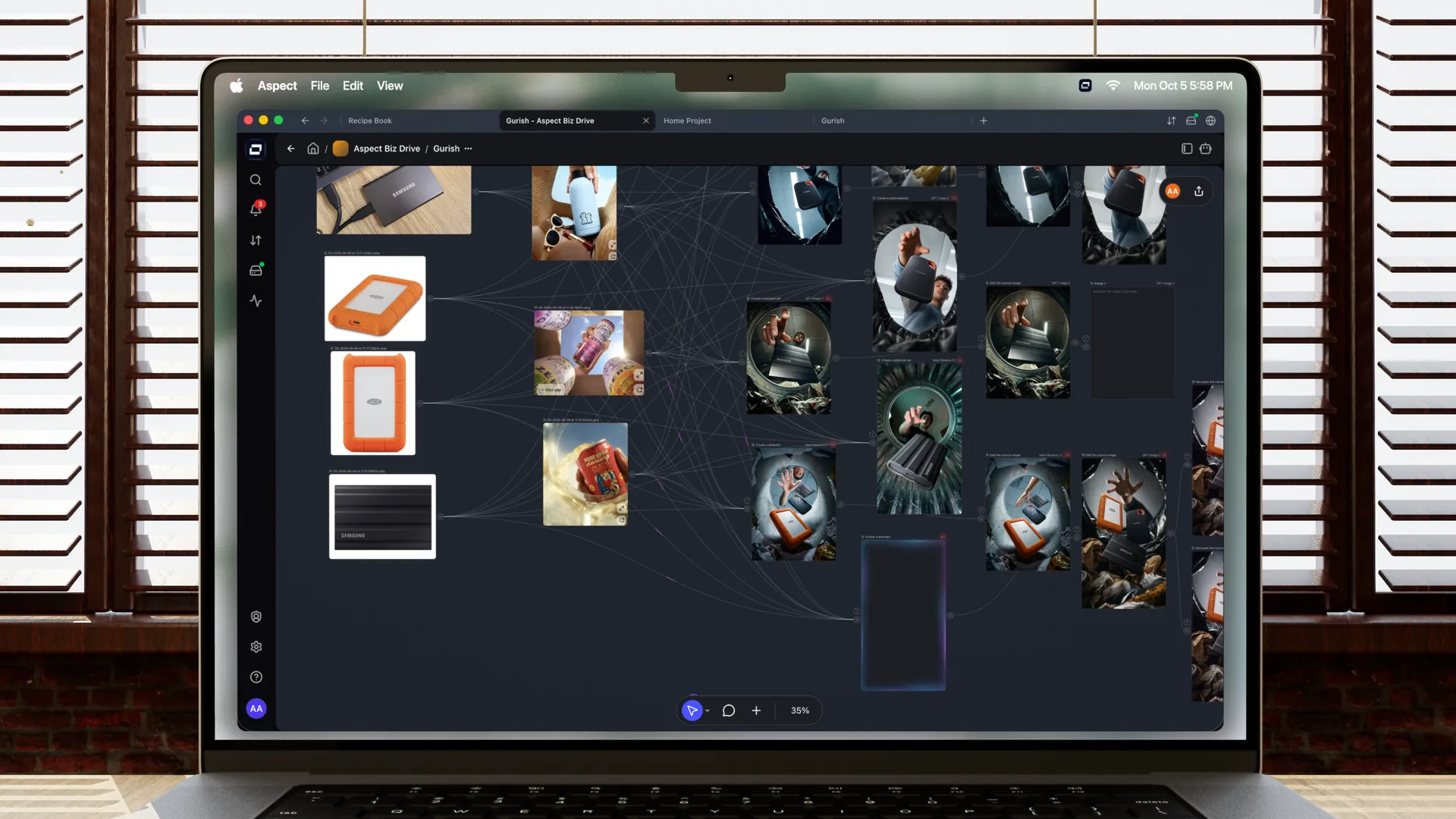 Aspect's canvas on a laptop, connecting external drive product photos and visual references to generated advertising concepts.