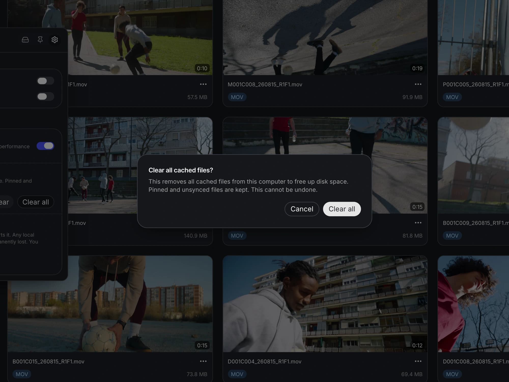 Clear cached files while preserving pinned media and unsynced changes.