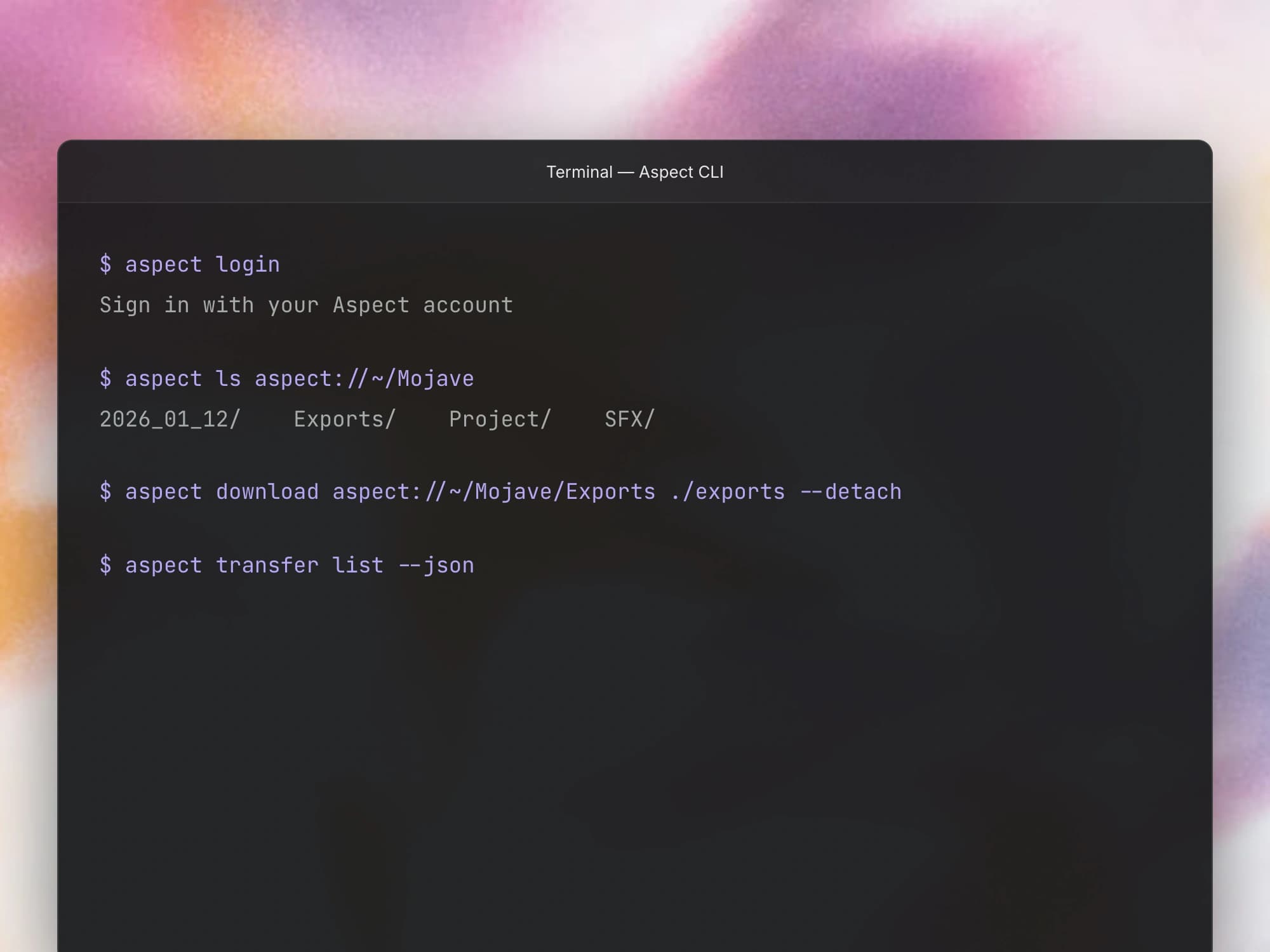 Sign in, browse projects, start background downloads, and query transfer status from the terminal.