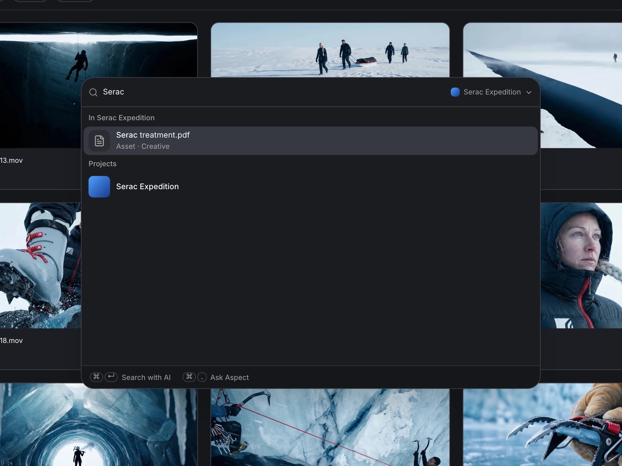 Reach project search, recent items, and AI search from the command palette.
