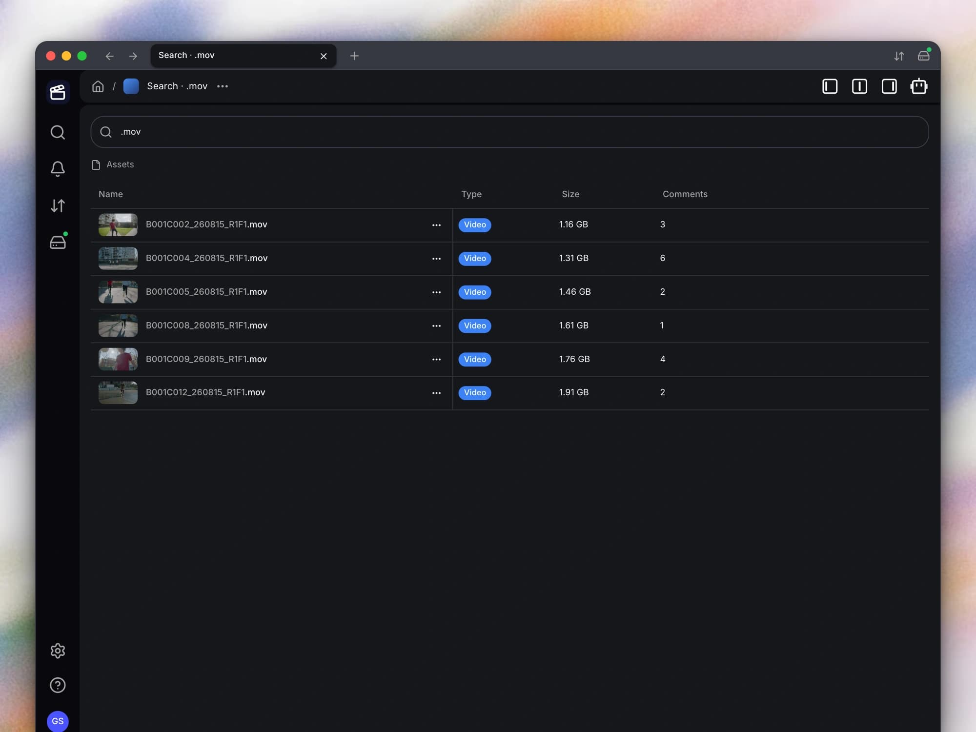 Filename search highlights matching names in your library.