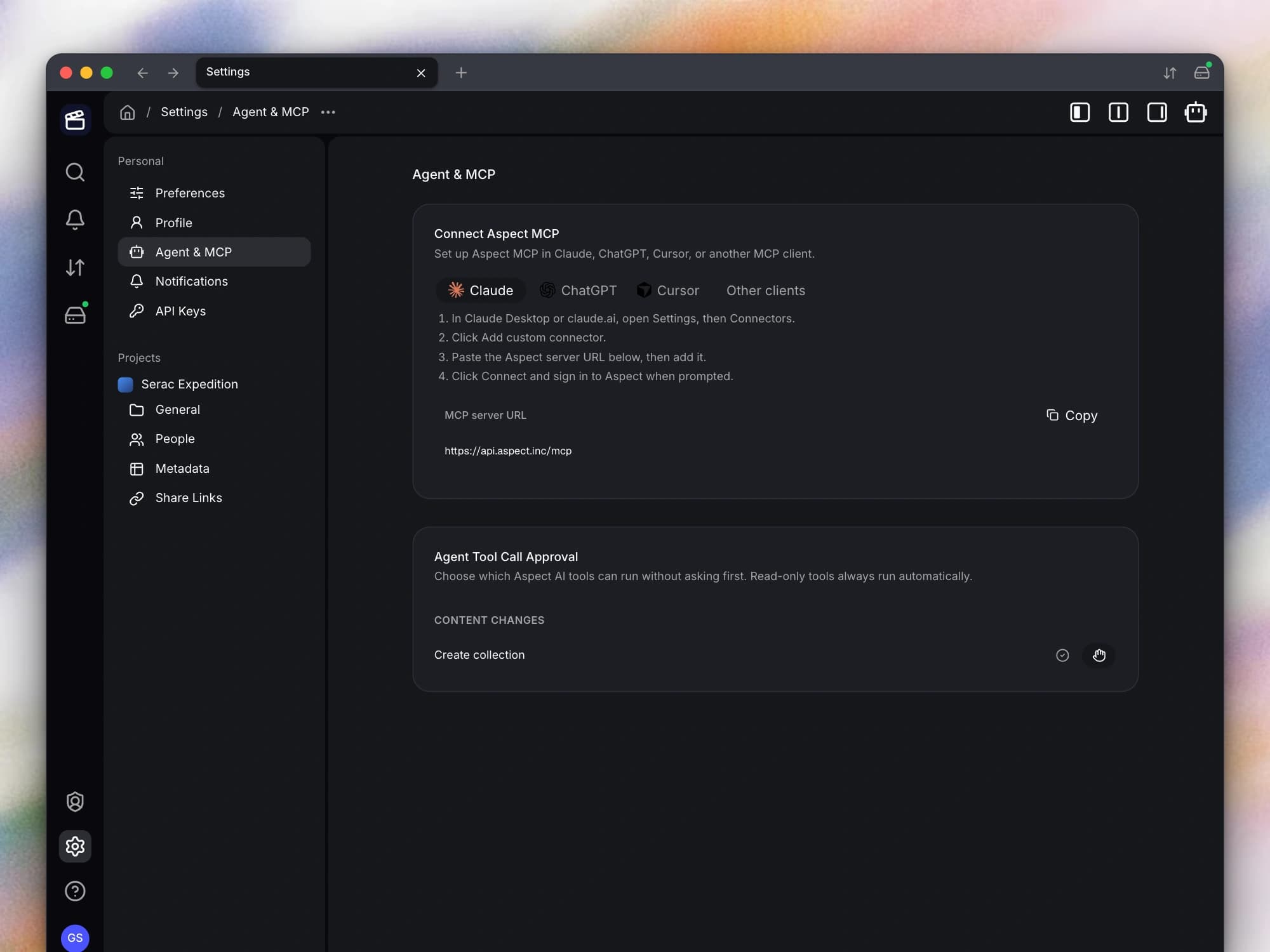 Connect an AI assistant to Aspect through the hosted MCP server.