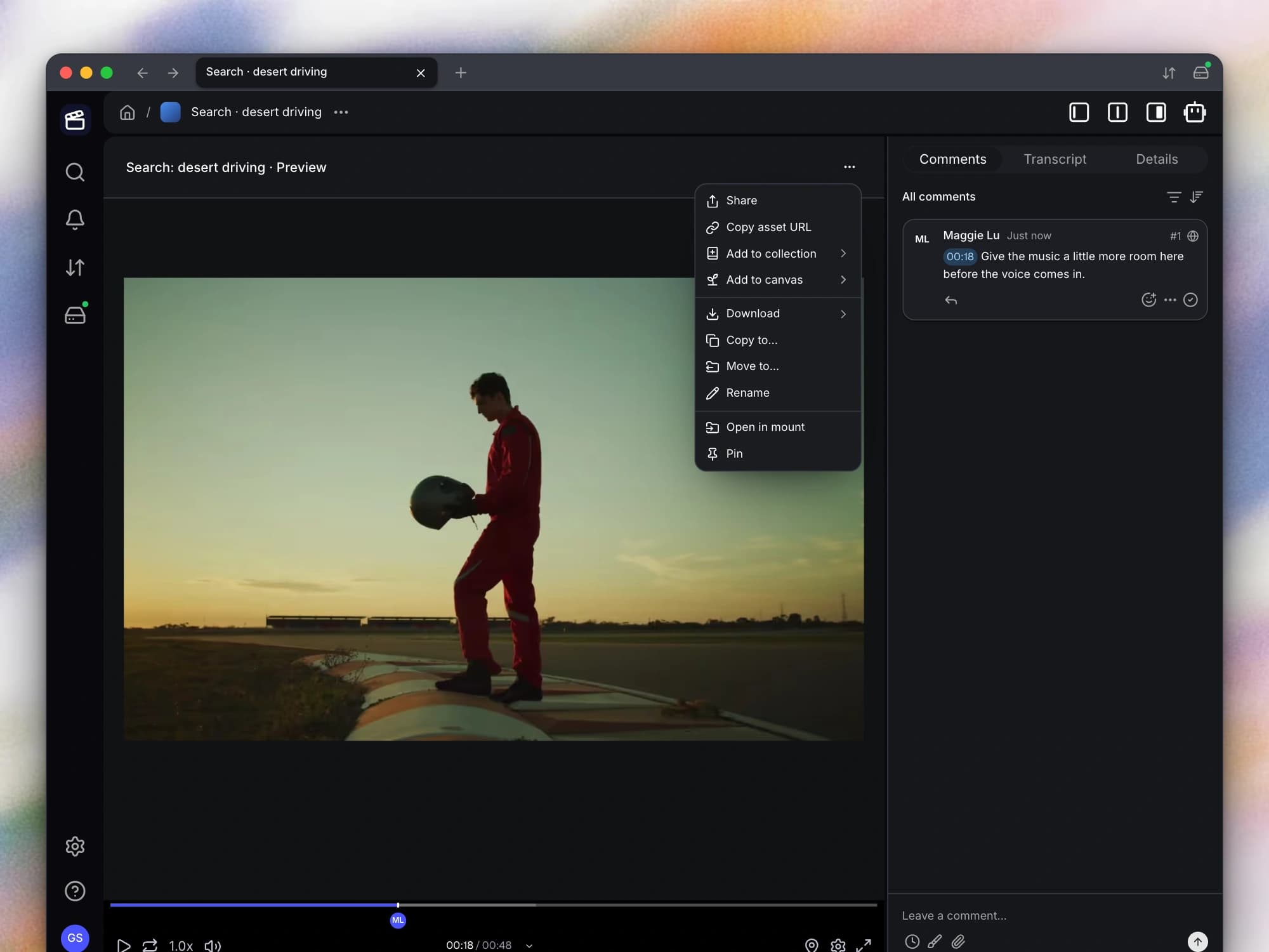Create a share link directly from an asset’s search preview.
