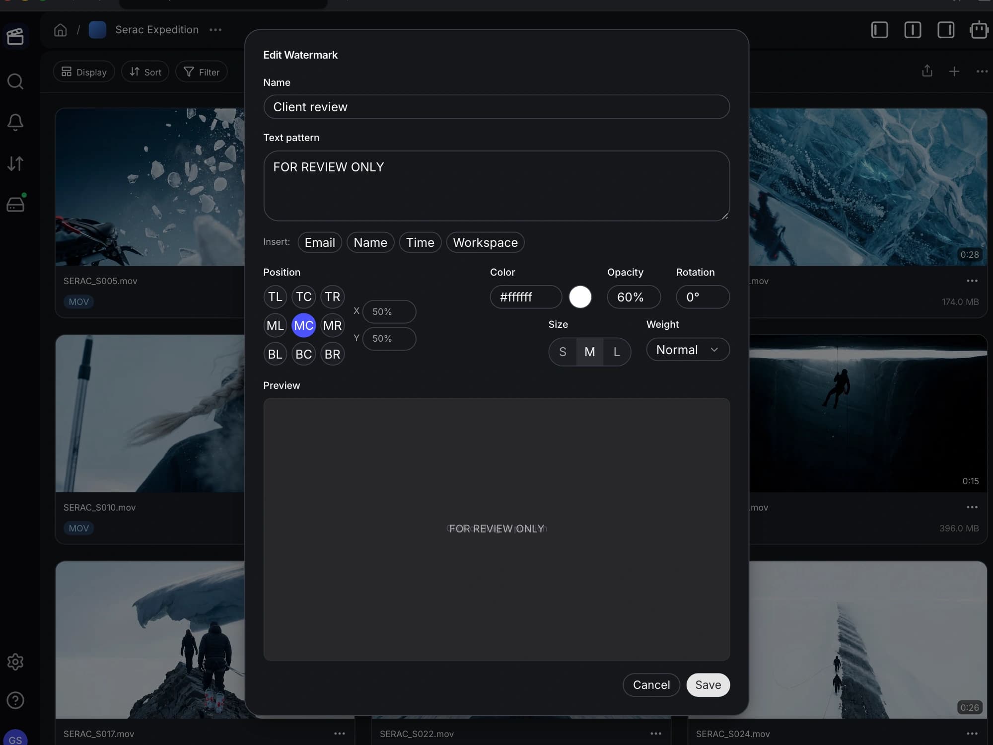 Preview watermark text and adjust its position, size, and opacity.