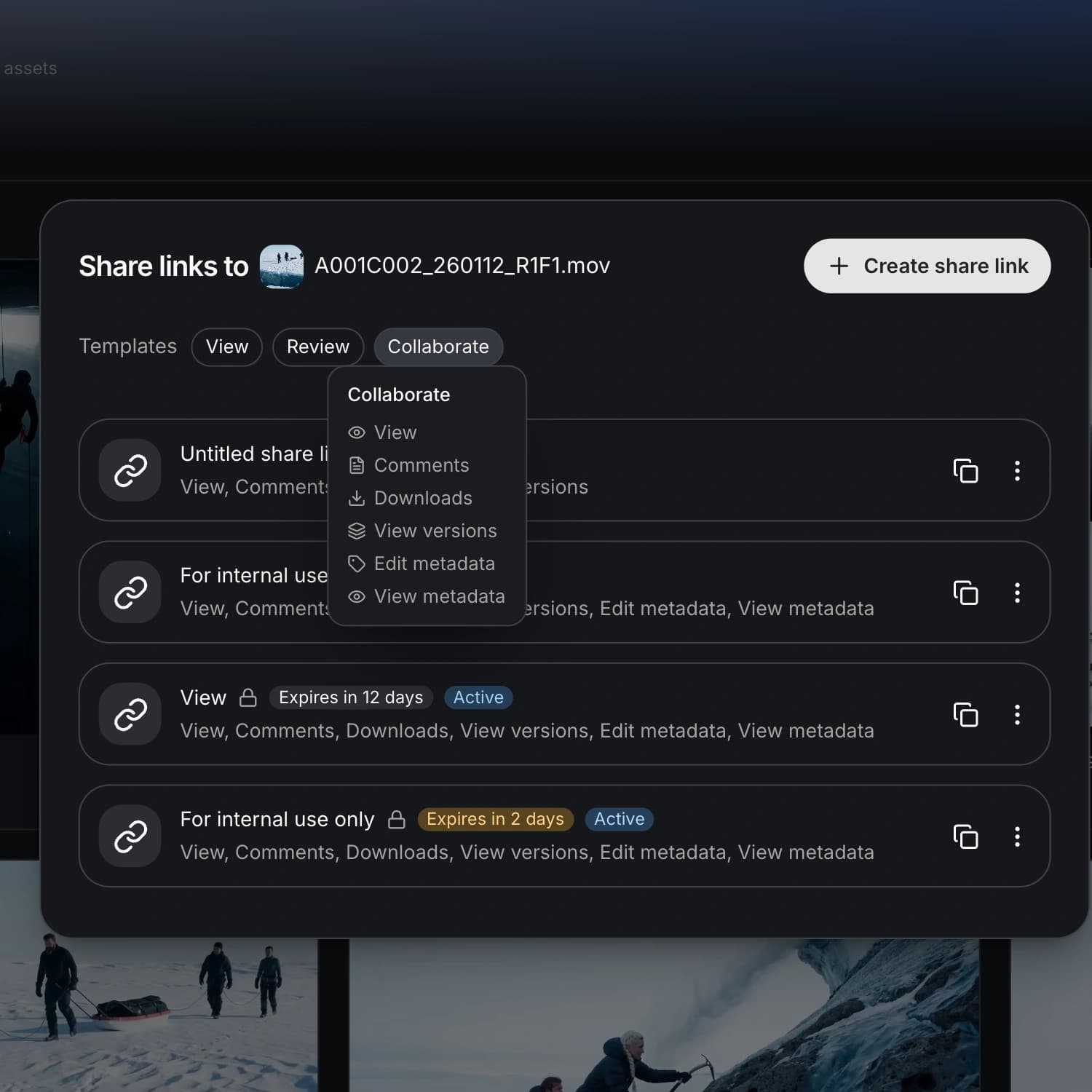 Reuse a permission template when creating a share link.