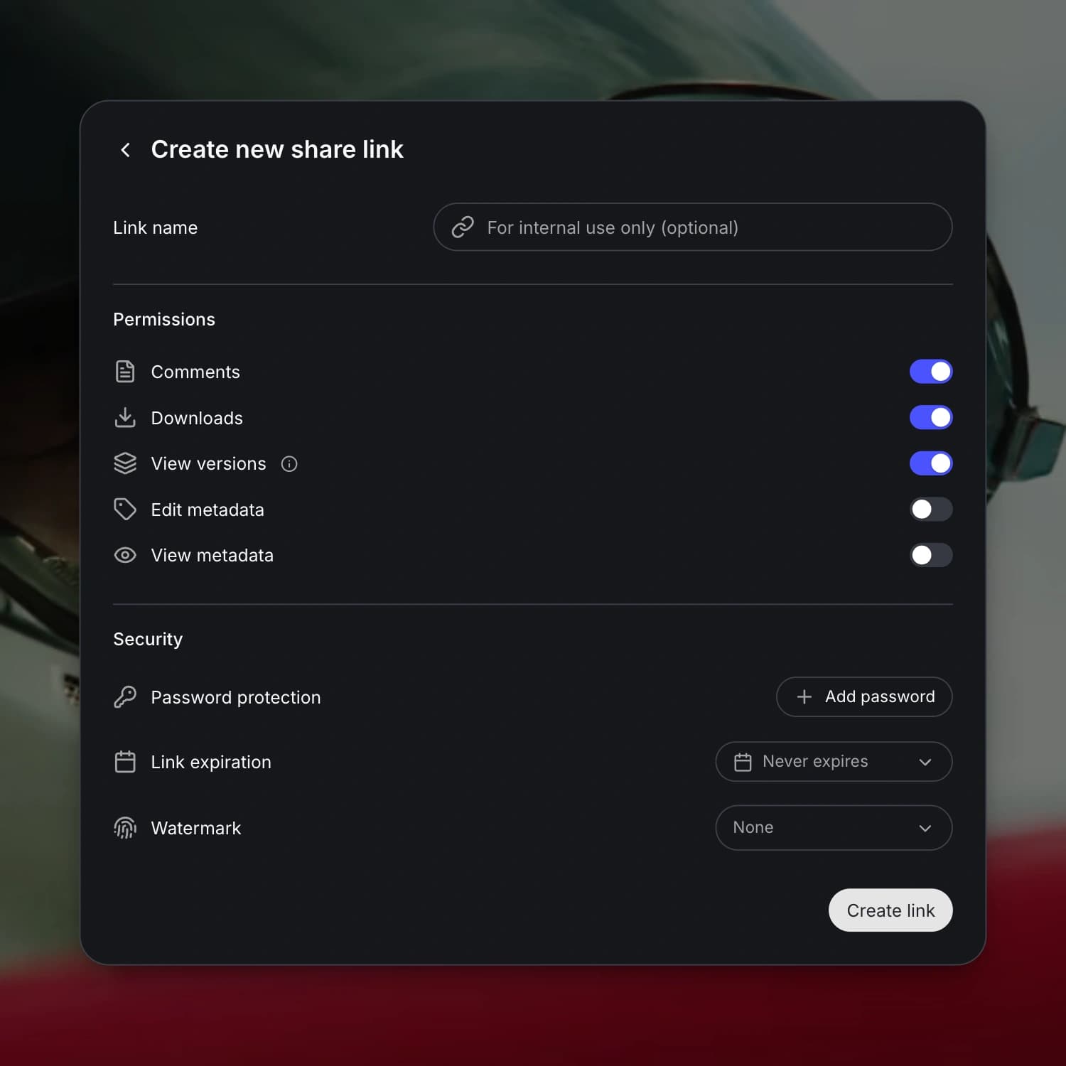 Share permissions control whether reviewers can open previous versions.