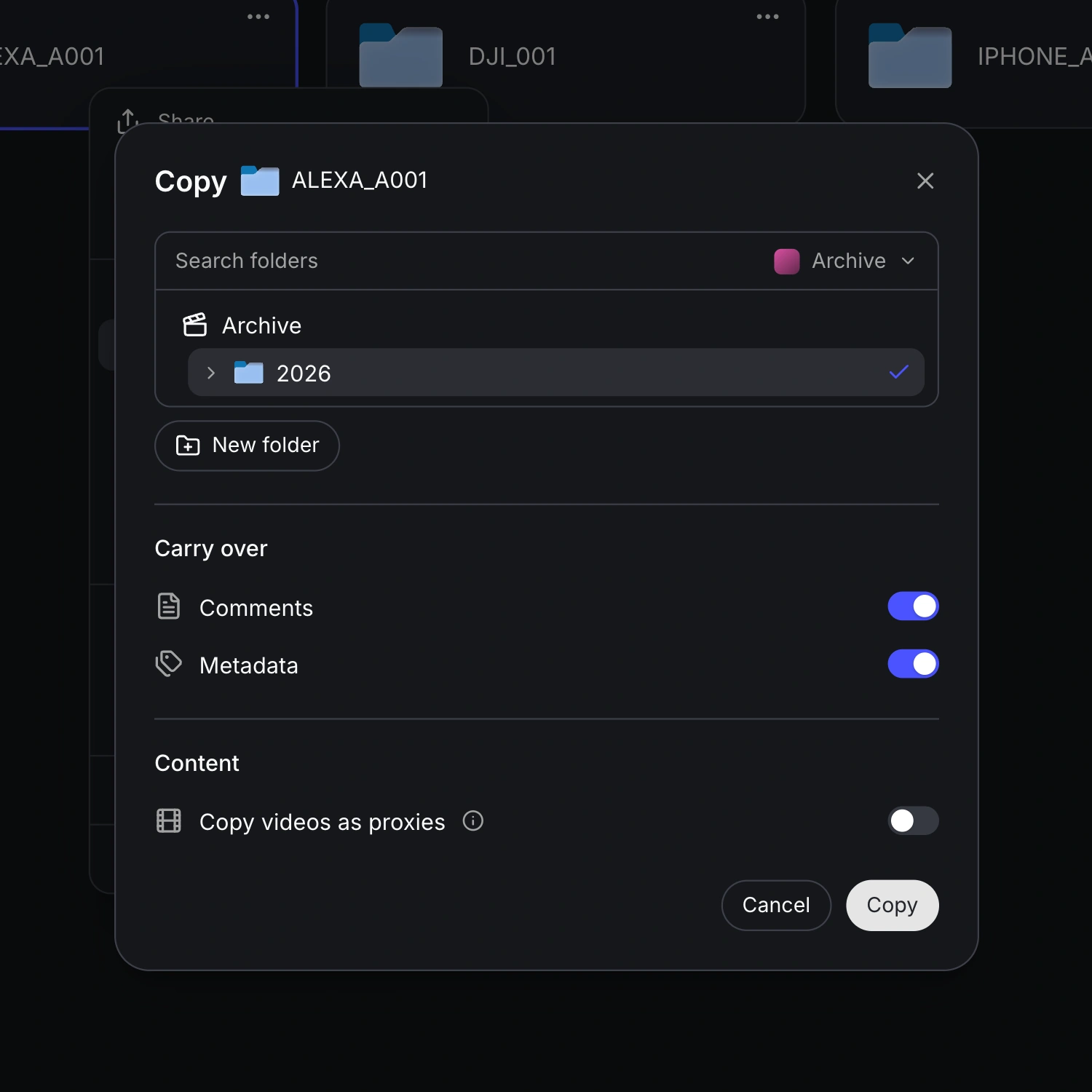 Choose a destination and whether comments and metadata travel with a copy.