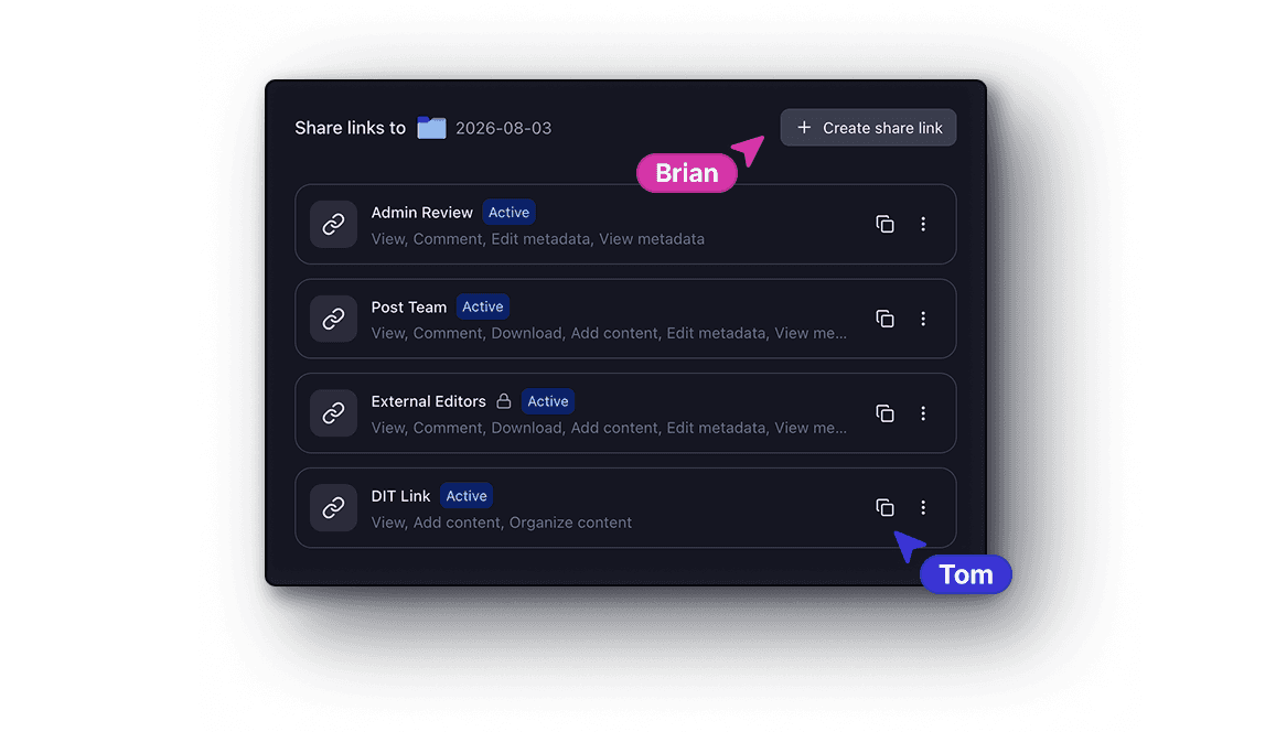 Link management dashboard for secure media file sharing