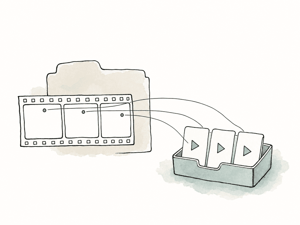 Marked moments from a source clip connected to a small tray of selected clip cards.
