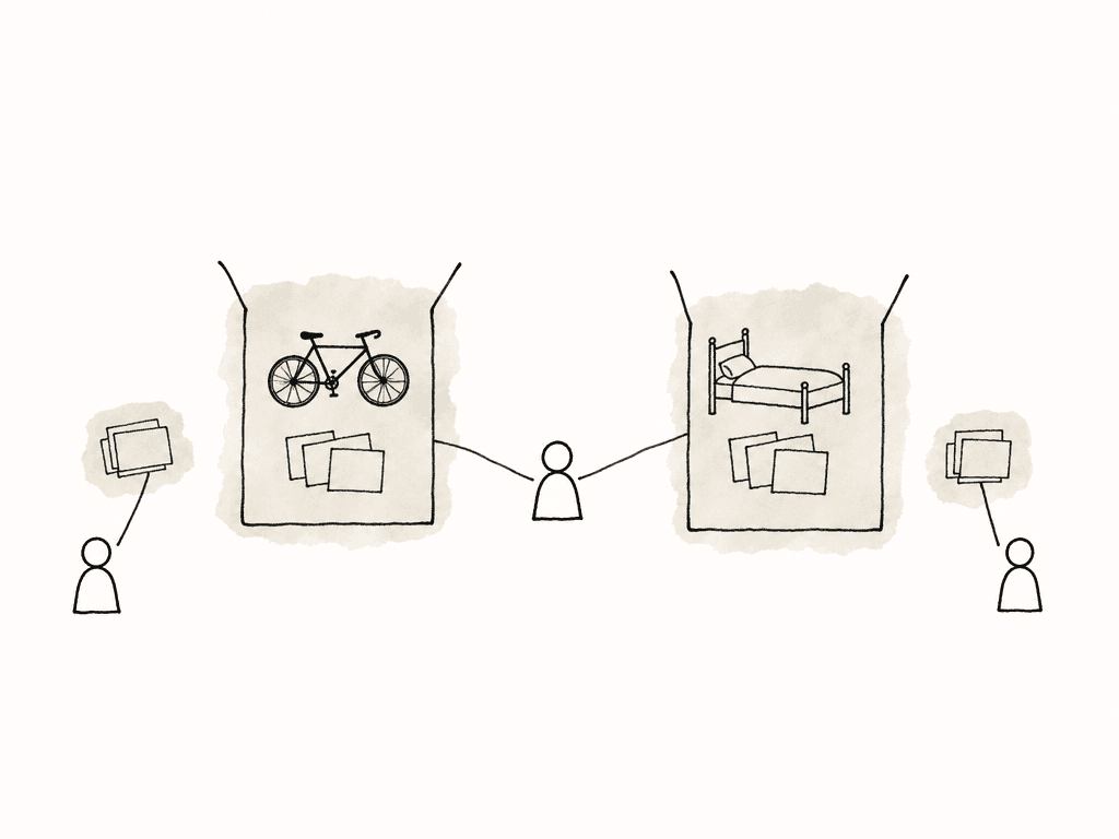 Two separate project containers with an editor connected to both and each client connected only to their own review bundle.