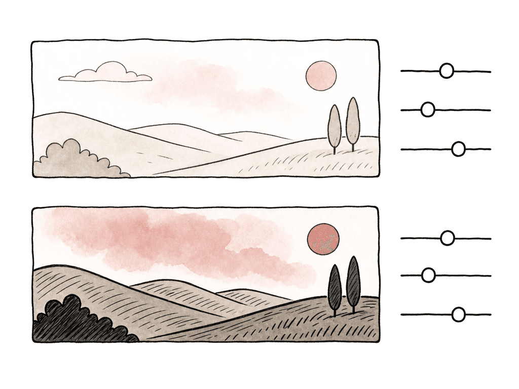 Identical adjustment knobs beside two image strips produce different tonal results, showing that the same CDL behaves differently in different spaces.