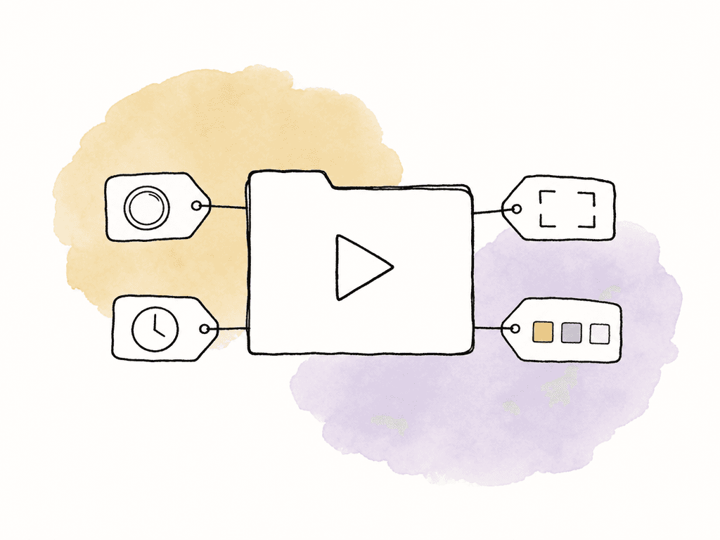 A simple media clip icon with several attached tags representing lens, frame, timing, and color information.