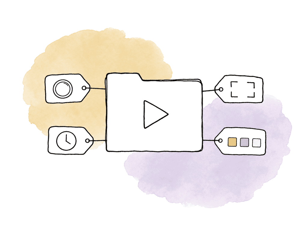 A simple media clip icon with several attached tags representing lens, frame, timing, and color information.