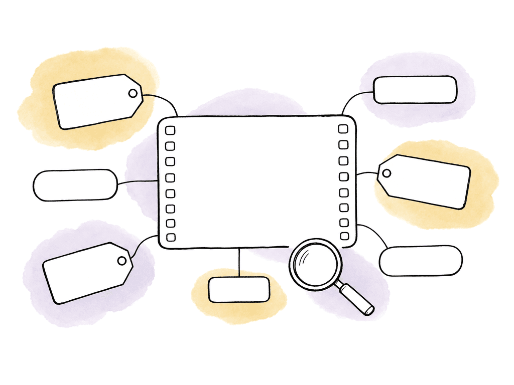 Doodle of a media clip card with blank tags and property fields attached, plus a magnifying glass indicating searchable metadata.