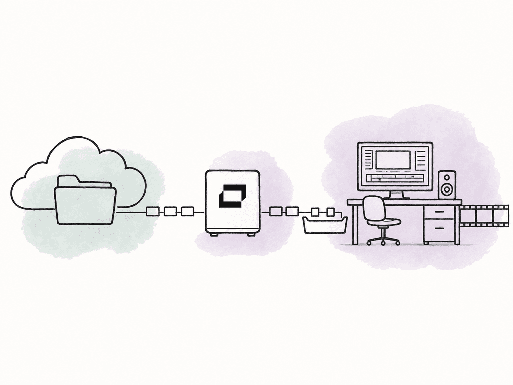Doodle diagram of media chunks streaming from a shared folder through a mounted drive into a local cache beside an editing workstation.