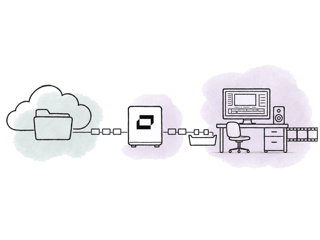 Doodle diagram of media chunks streaming from a shared folder through a mounted drive into a local cache beside an editing workstation.