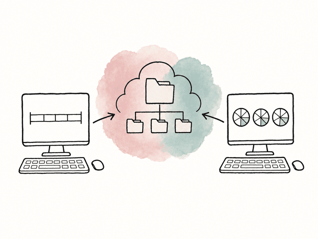 Hand-drawn edit and finishing workstations both connected to one shared cloud folder tree.