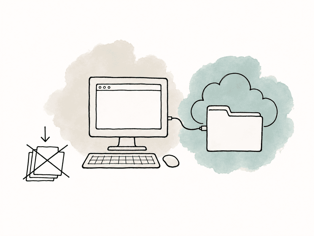 Hand-drawn workstation connected to a shared cloud folder, with a crossed-out download pile nearby.