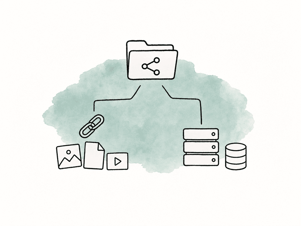 Hand-drawn shared folder branching to linked media icons on one side and managed media blocks on the other.