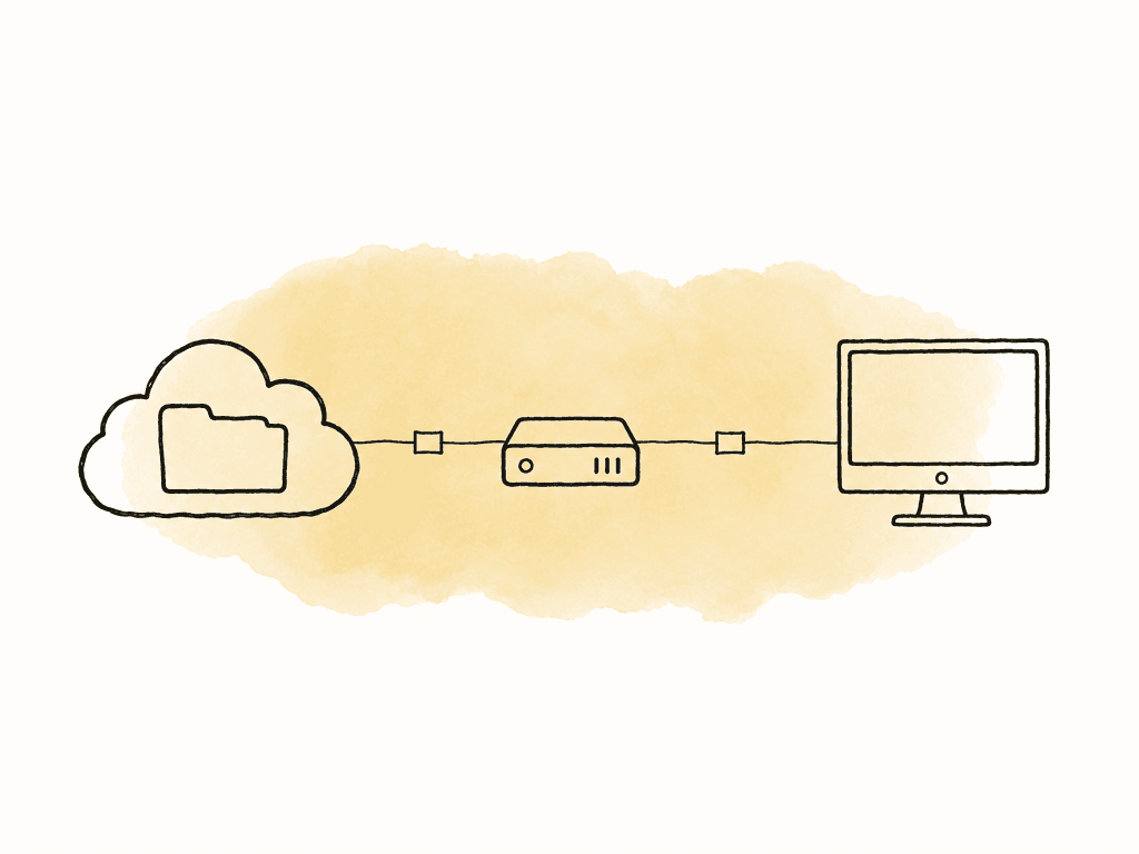 A cloud folder connects to a local drive and workstation, suggesting a mounted shared media project.