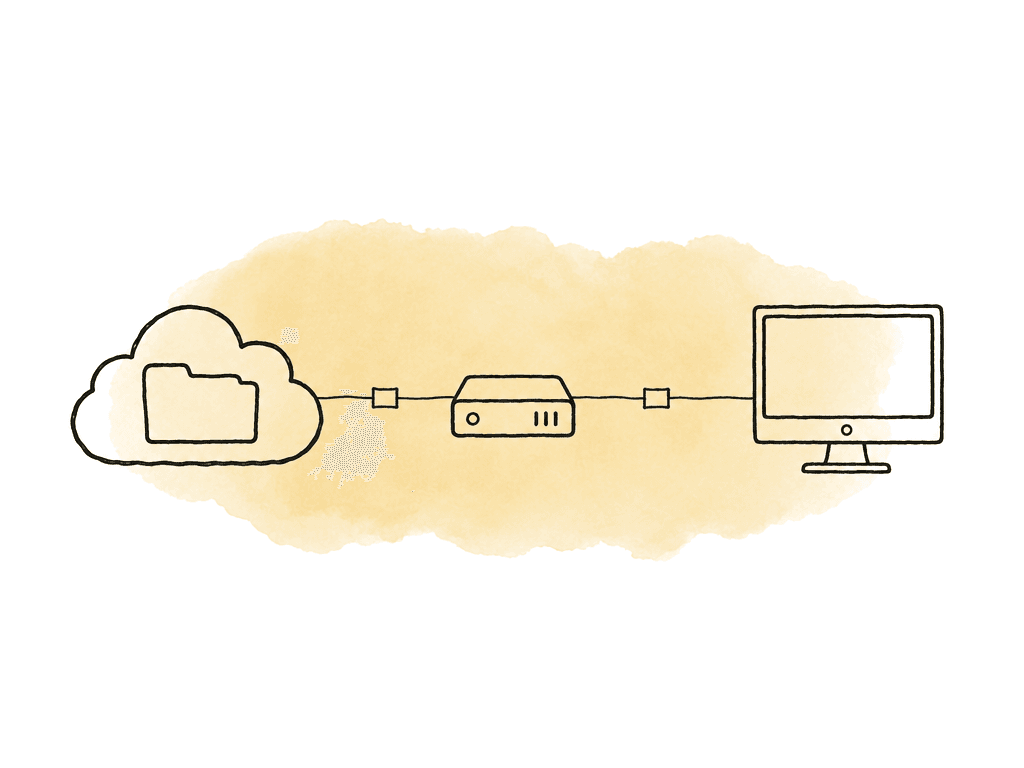 A cloud folder connects to a local drive and workstation, suggesting a mounted shared media project.
