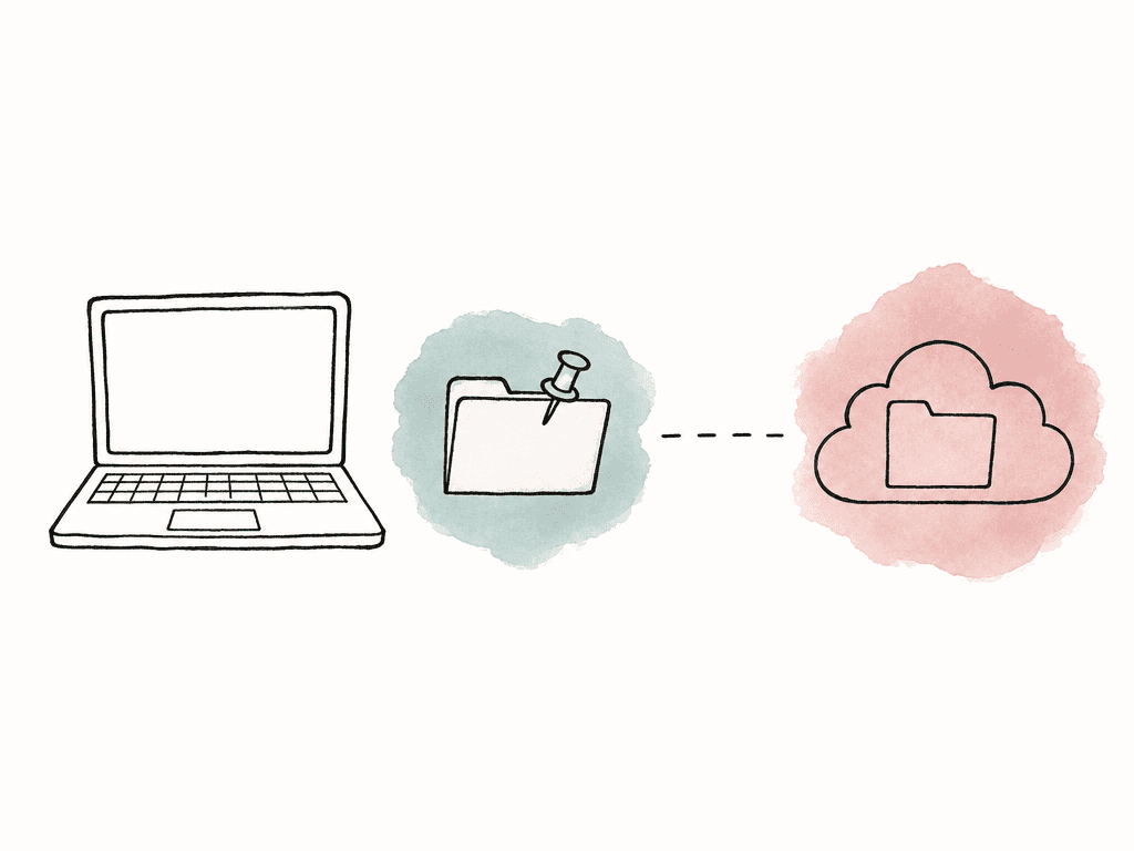 A pinned folder sits beside a laptop while a distant cloud folder is separated by a broken connection.