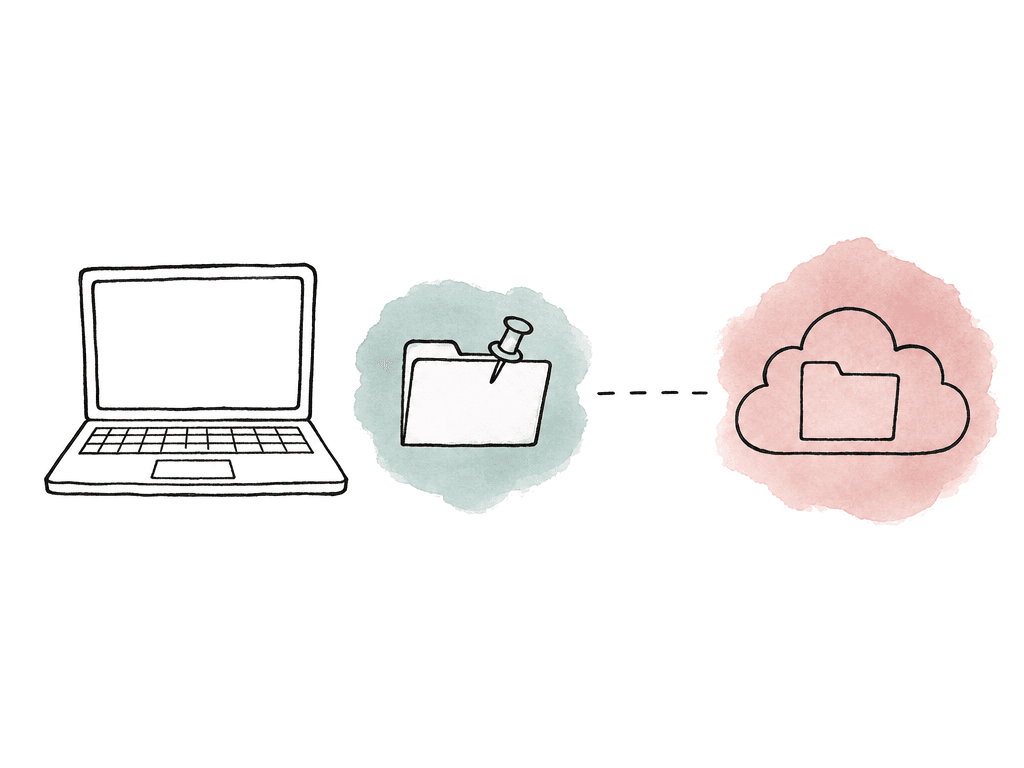 A pinned folder sits beside a laptop while a distant cloud folder is separated by a broken connection.