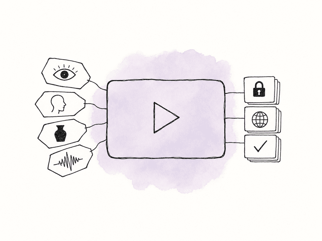 A video clip has loose icon tags on one side and tidy controlled property cards on the other.