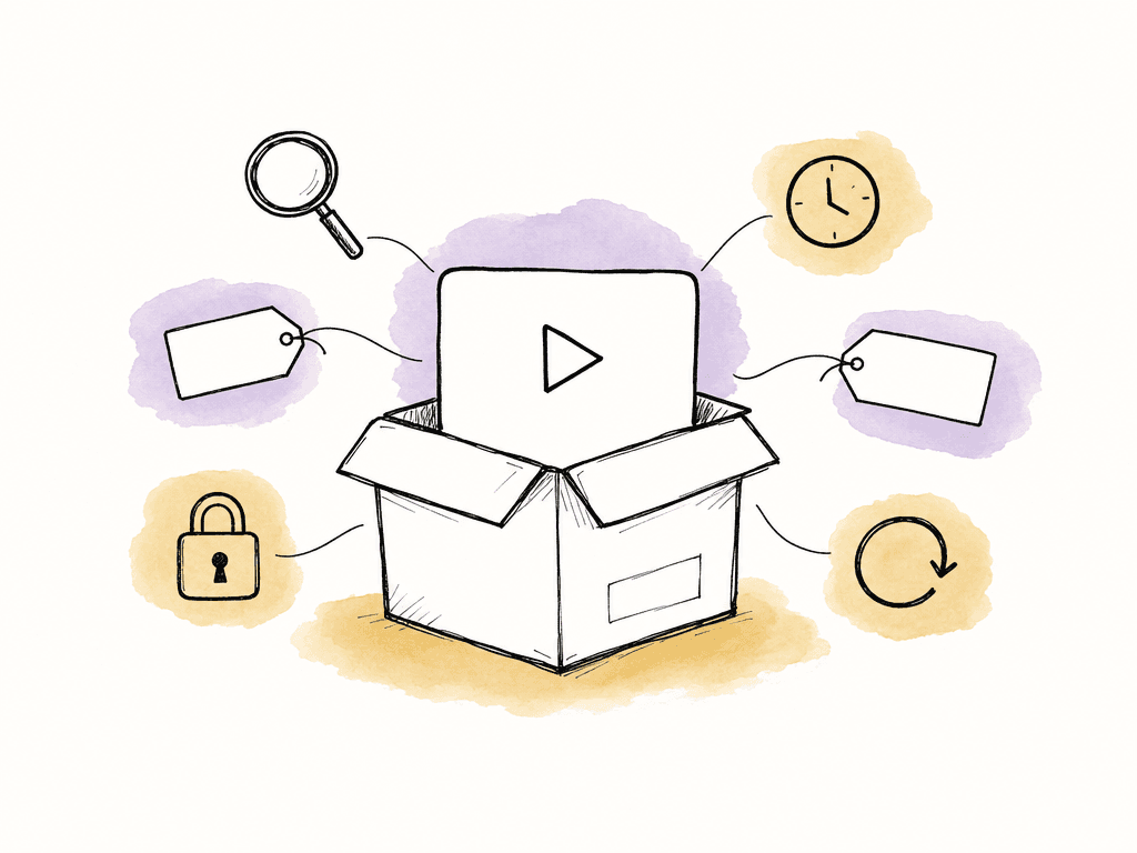 An archive box holds a video thumbnail with search, lock, time, restore, and metadata tag icons around it.