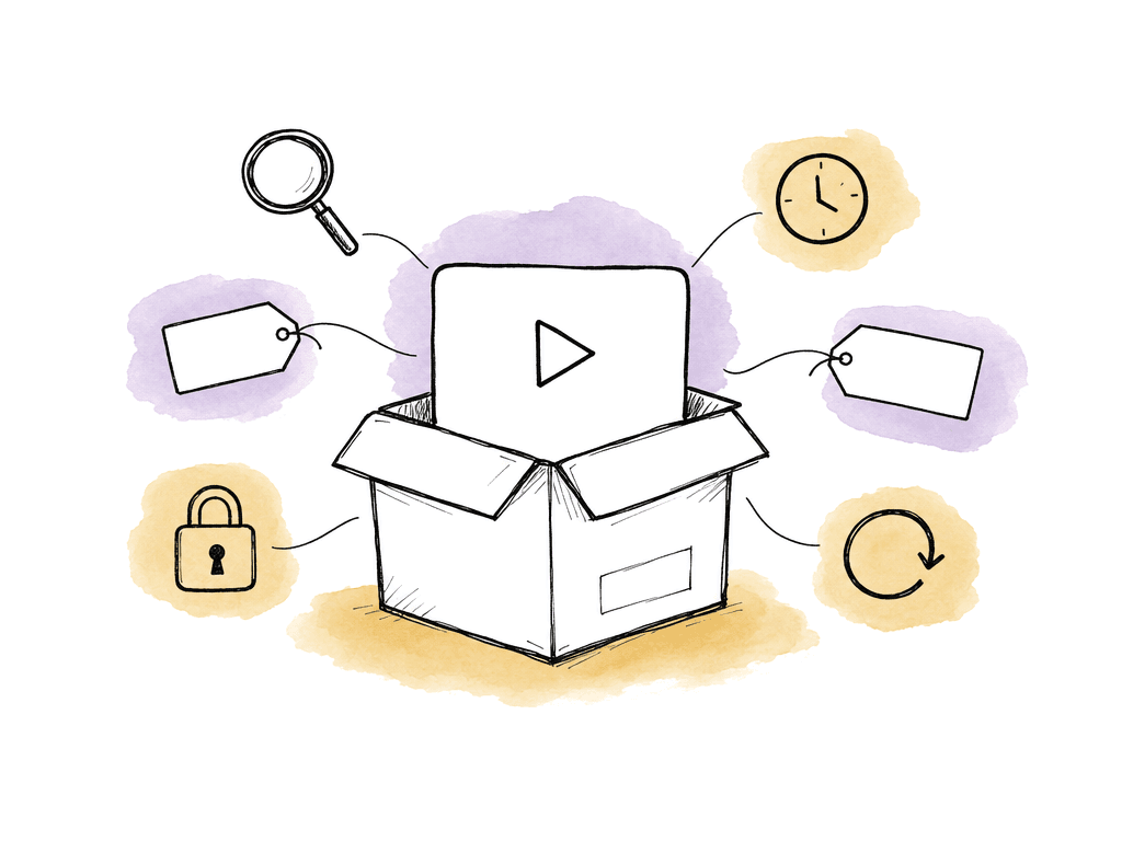 An archive box holds a video thumbnail with search, lock, time, restore, and metadata tag icons around it.