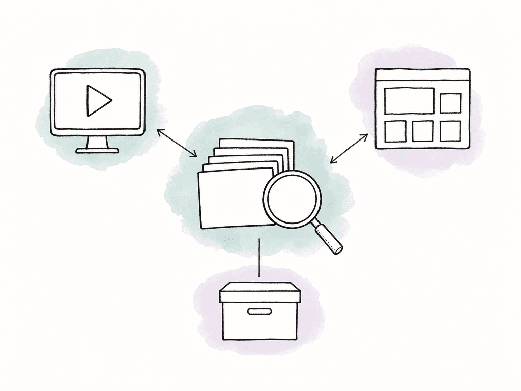 A central stack of media thumbnails with a magnifying glass connects by arrows to editing, publishing, and archive icons.