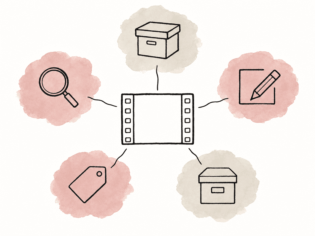 A central video clip is linked to icons for storage, search, review, metadata, and archive.