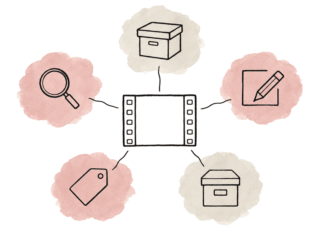 A central video clip is linked to icons for storage, search, review, metadata, and archive.