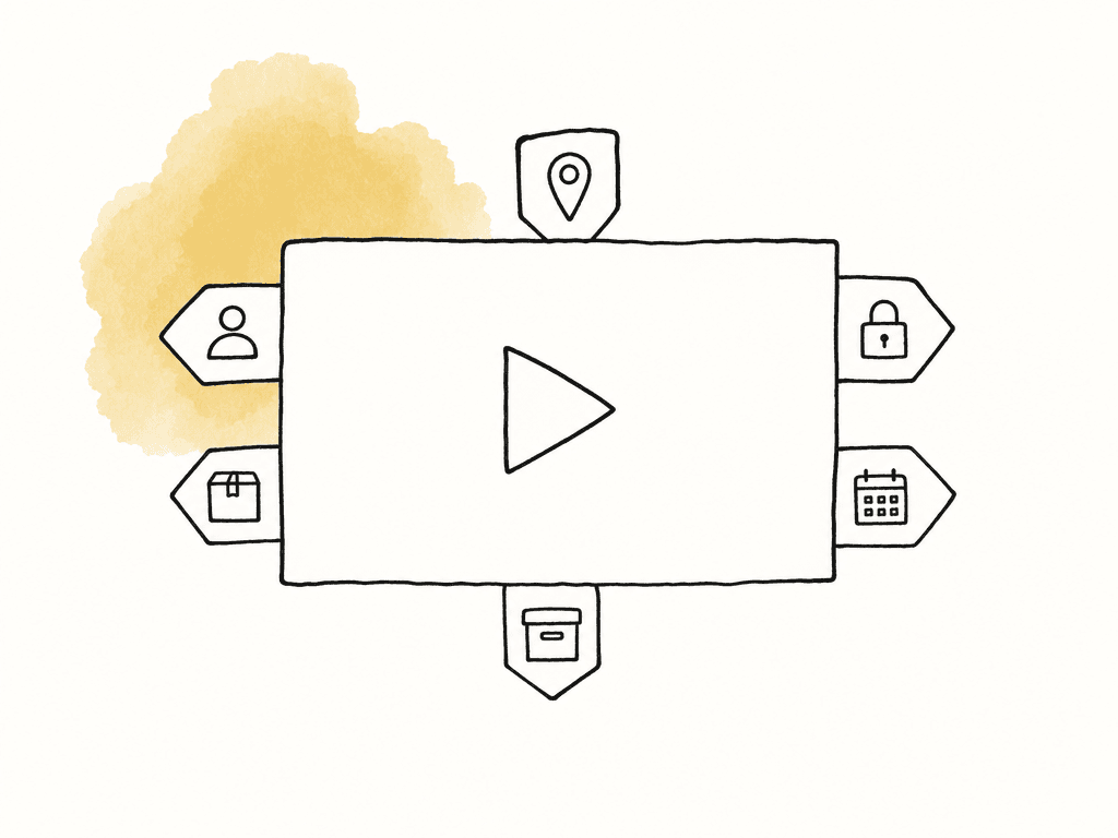 A video clip has several icon-only metadata tags attached, including person, location, product, lock, calendar, and archive symbols.