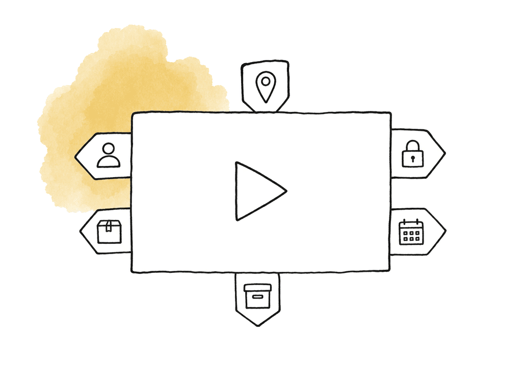 A video clip has several icon-only metadata tags attached, including person, location, product, lock, calendar, and archive symbols.
