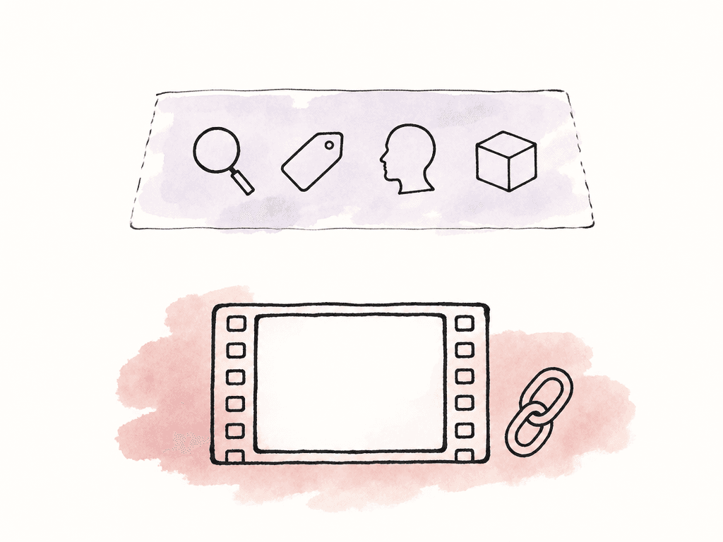 A camera media strip with an intact chain sits below a separate layer of search and metadata icons.
