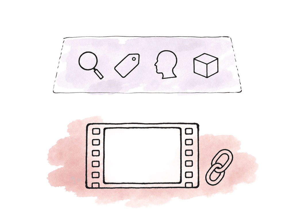 A camera media strip with an intact chain sits below a separate layer of search and metadata icons.