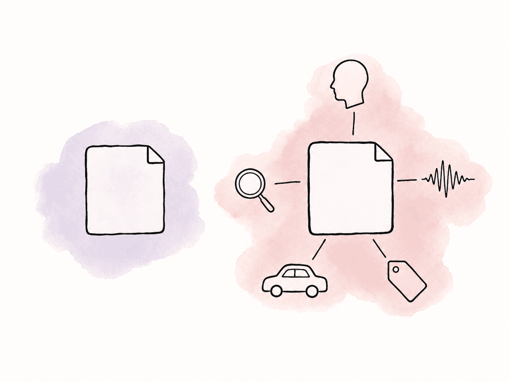 Two plain video clips are compared, with the second surrounded by icons for speech, people, objects, tags, and search.