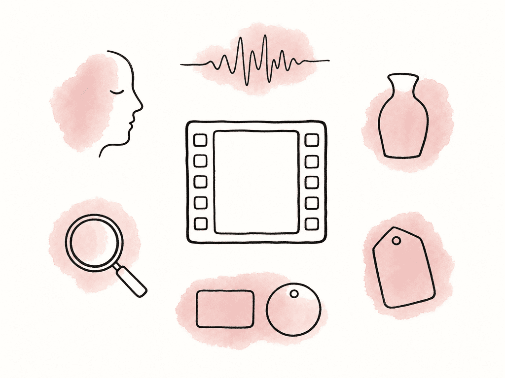 A video clip surrounded by simple icons for transcript audio, a face, an object, tags, and search, suggesting automatic indexing on upload.