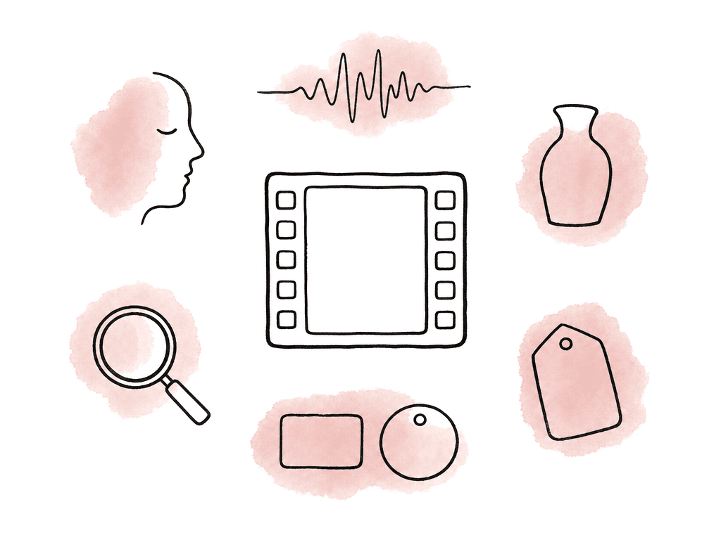 A video clip surrounded by simple icons for transcript audio, a face, an object, tags, and search, suggesting automatic indexing on upload.